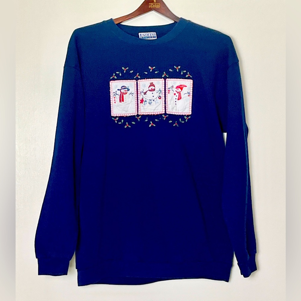 Women’s Small Sweatshirt Navy Blue Xmas Snowman‎ Winter Grandma Core Cozy Granny